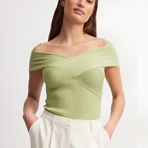 Na-Kd Womens Basic Summer Crisscross Rib Knitted Off Shoulder Top Size M Green